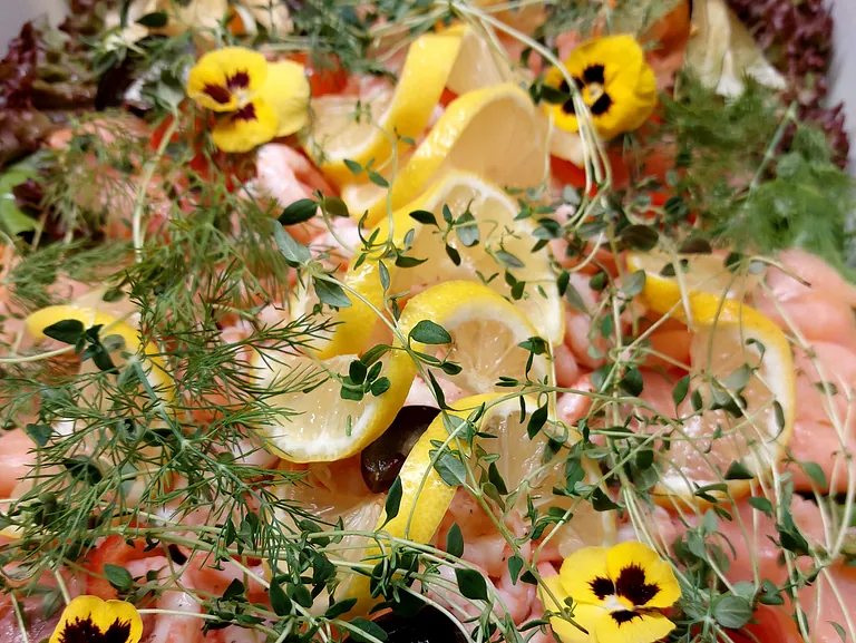 Räkor med citron, dill och dekorationsblommor på